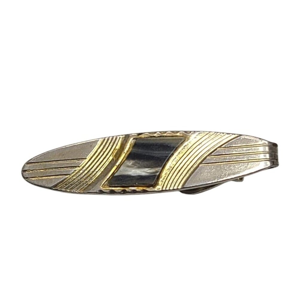 Vintage Gold Silver Tone Tie Clip Onyx Style Stone Inlay Oval Design